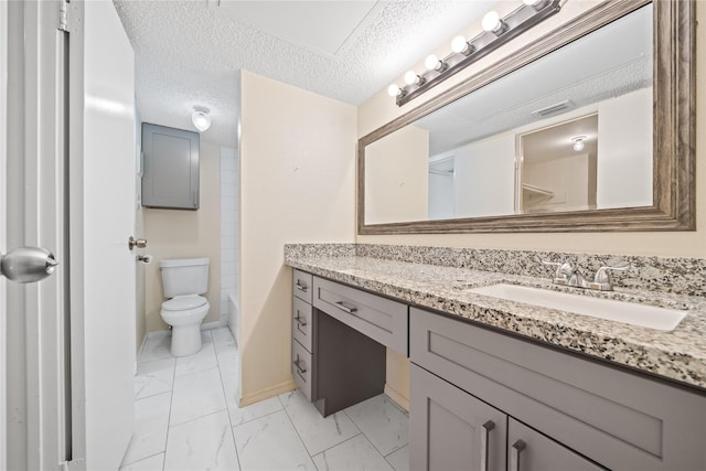 full bathroom with vanity, shower / bathtub combination, toilet, and a textured ceiling