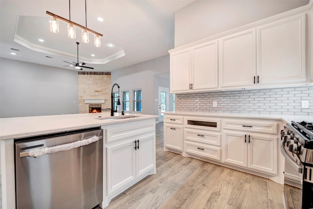 kitchen featuring a raised ceiling, sink, decorative backsplash, light wood-type flooring, and stainless steel appliances