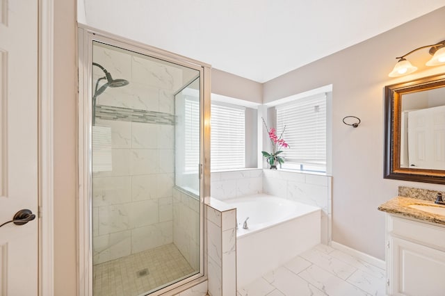 bathroom featuring vanity and plus walk in shower