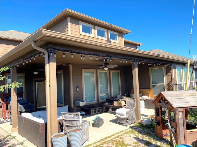 18539 Windy Knoll Way, Houston, TX 77084 - back of property with an outdoor hangout area, a patio, and ceiling fan