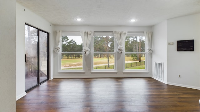 doorway with a textured ceiling, plenty of natural light, and dark wood-type flooring