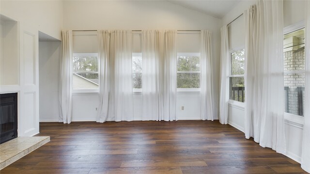 interior space with lofted ceiling and dark wood-type flooring