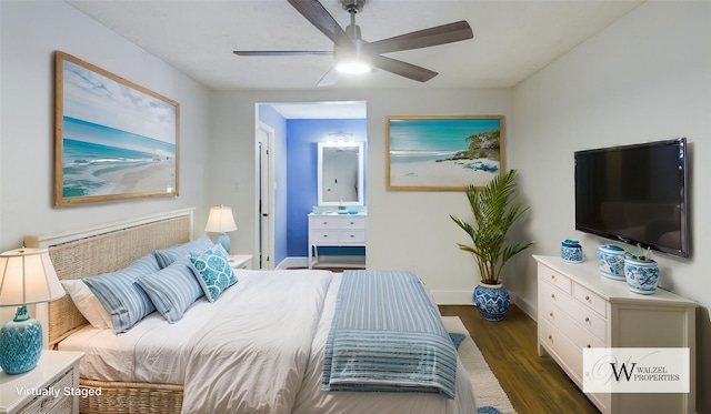 bedroom featuring baseboards, a ceiling fan, and wood finished floors