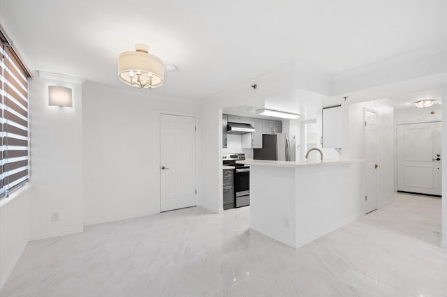 kitchen with white cabinets, sink, range hood, appliances with stainless steel finishes, and kitchen peninsula