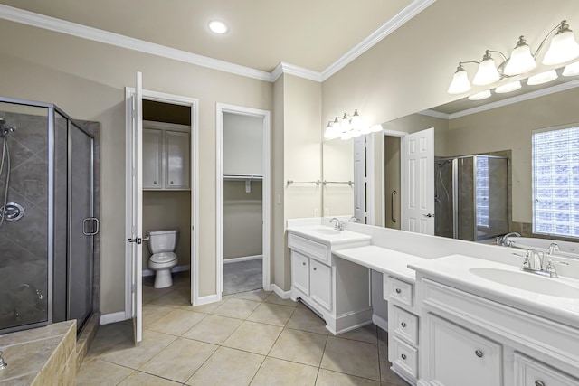 full bathroom featuring tile patterned flooring, vanity, separate shower and tub, and crown molding