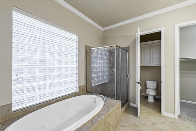 bathroom with crown molding, toilet, tile patterned flooring, and shower with separate bathtub