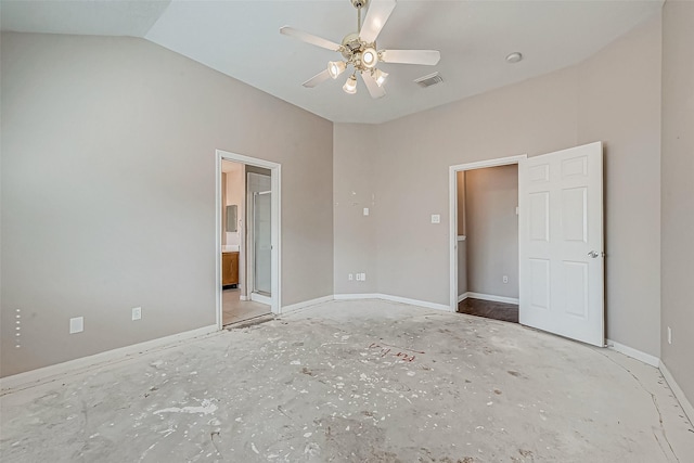 unfurnished bedroom featuring connected bathroom, ceiling fan, and lofted ceiling