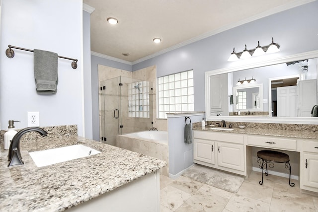 bathroom with vanity, crown molding, and plus walk in shower