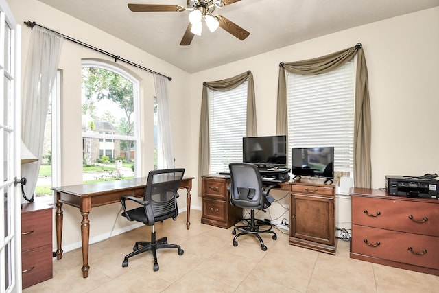 tiled office with ceiling fan