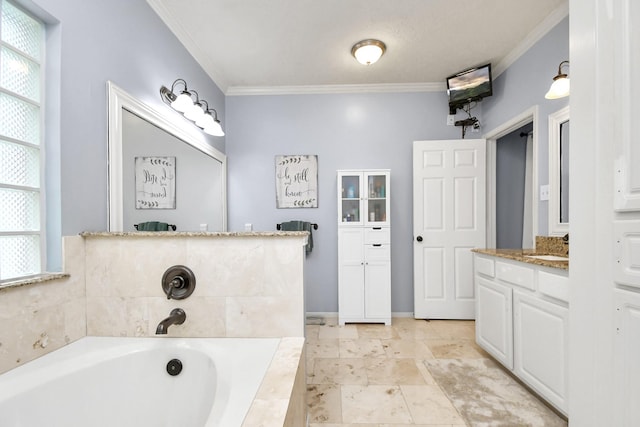 bathroom featuring vanity, a relaxing tiled tub, and crown molding