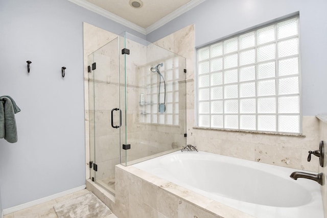 bathroom with shower with separate bathtub, plenty of natural light, and crown molding