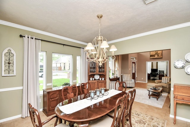 dining room with a textured ceiling, light tile patterned floors, a notable chandelier, and ornamental molding