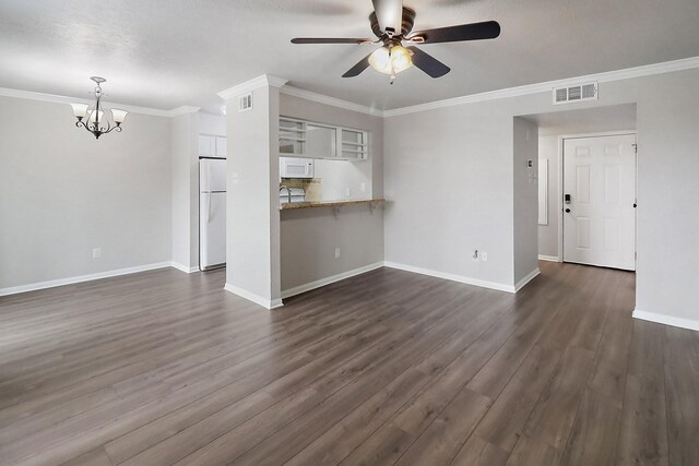 unfurnished living room with a textured ceiling, ceiling fan with notable chandelier, dark hardwood / wood-style flooring, and crown molding