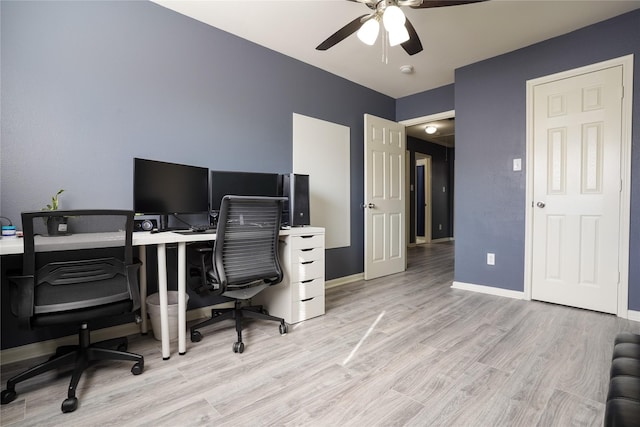 office space featuring ceiling fan and light hardwood / wood-style floors