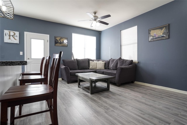 living room with ceiling fan and wood-type flooring