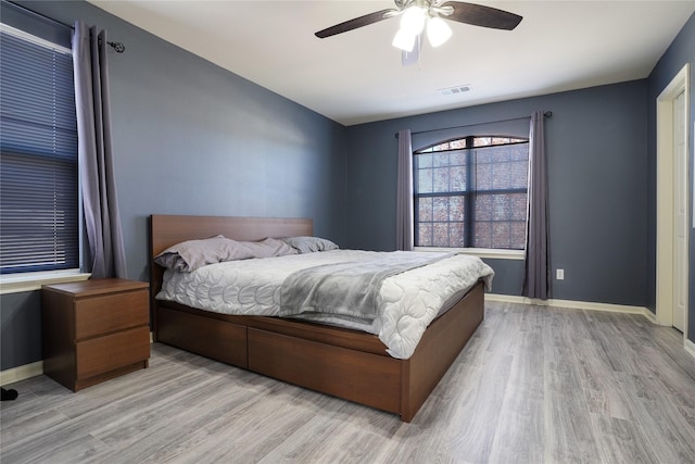 bedroom with ceiling fan and light hardwood / wood-style flooring