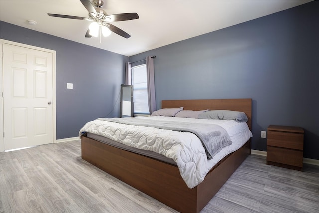 bedroom featuring ceiling fan and light hardwood / wood-style flooring