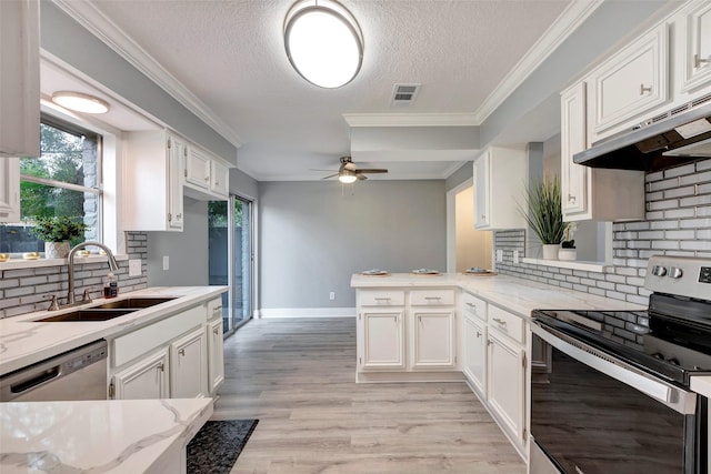 kitchen with white cabinets, stainless steel appliances, sink, backsplash, and kitchen peninsula