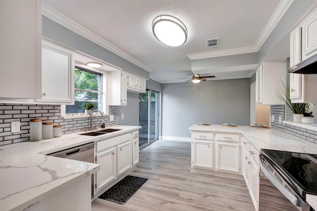 kitchen featuring light stone countertops, white cabinetry, sink, and kitchen peninsula