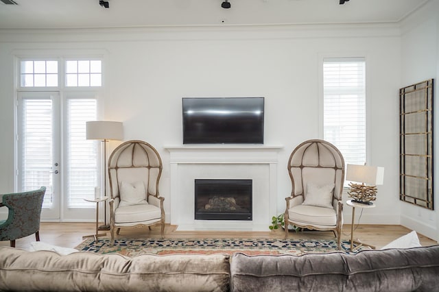 living room with light wood-type flooring and ornamental molding