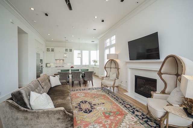 living room featuring light hardwood / wood-style floors and crown molding