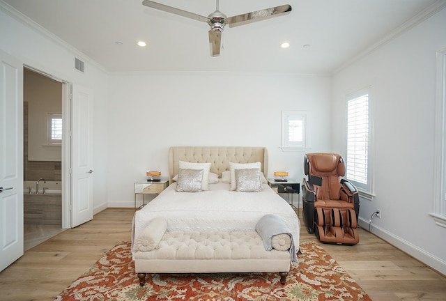 bedroom featuring ceiling fan, light wood-type flooring, and ornamental molding