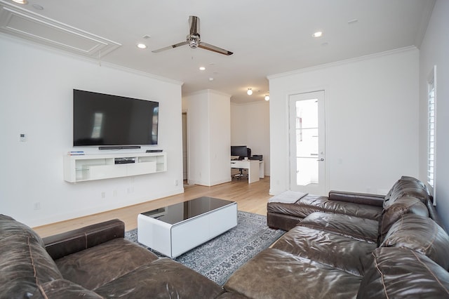 living room with ceiling fan, wood-type flooring, and crown molding