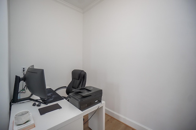 office featuring light hardwood / wood-style flooring and ornamental molding