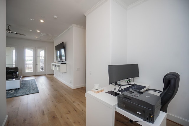 home office with french doors, light hardwood / wood-style flooring, ceiling fan, and ornamental molding