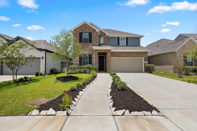 view of front of house featuring a garage and a front lawn