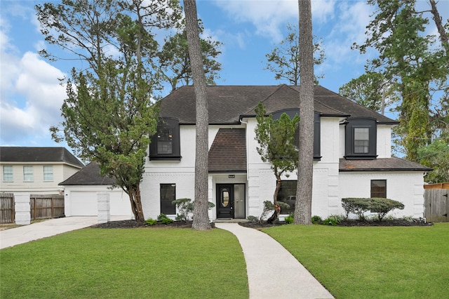 view of front of home featuring a front yard and a garage