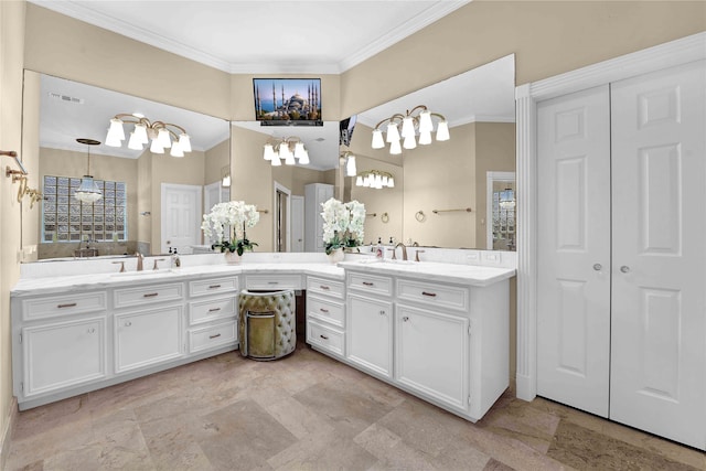 bathroom with crown molding, plenty of natural light, and vanity