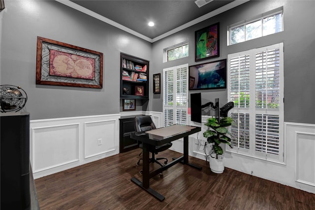 office space with crown molding and dark hardwood / wood-style flooring