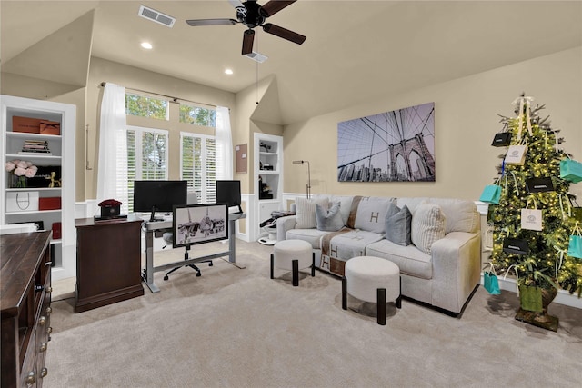 office featuring ceiling fan and light colored carpet