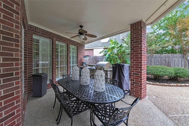 view of patio featuring ceiling fan and area for grilling