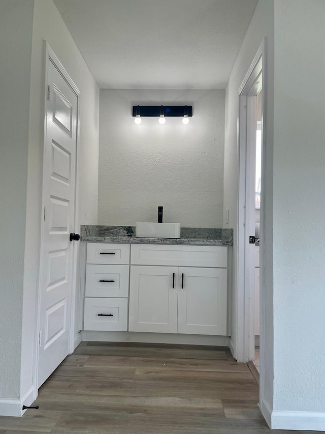 bathroom with wood-type flooring and vanity