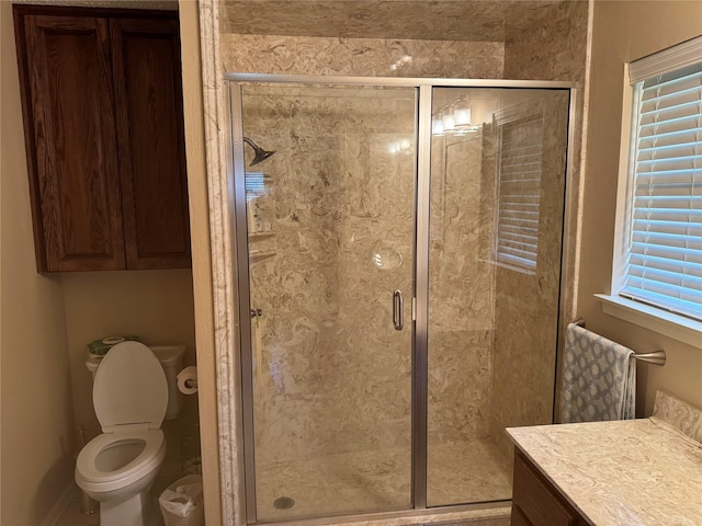 bathroom featuring vanity, toilet, and a shower with door