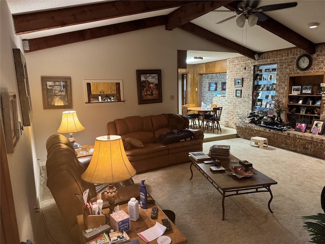 carpeted living room featuring vaulted ceiling with beams and ceiling fan