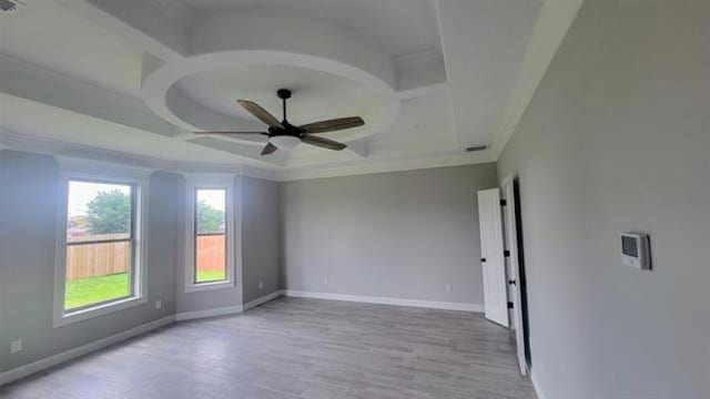 3090 Ethan Symone St, Beaumont, TX 77705 - unfurnished room featuring ceiling fan, light hardwood / wood-style floors, a raised ceiling, and crown molding