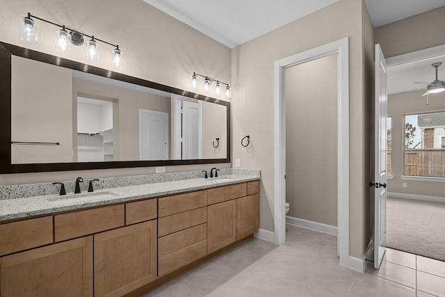 bathroom with tile patterned flooring, ceiling fan, toilet, and vanity