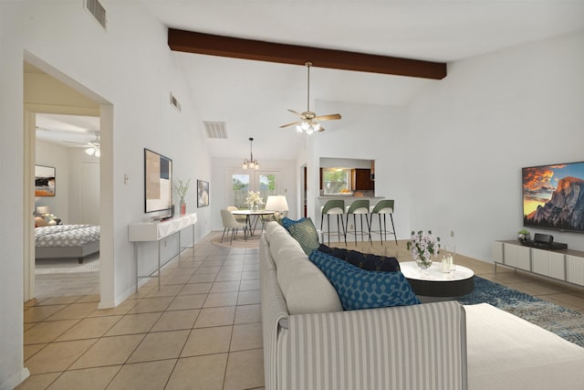 living room with beamed ceiling, light tile patterned floors, ceiling fan with notable chandelier, and high vaulted ceiling