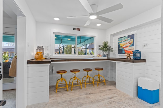 bar featuring light hardwood / wood-style flooring and ceiling fan