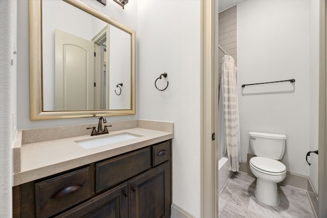 full bathroom with vanity, shower / bath combination with curtain, and toilet