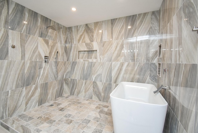 7618 Highmeadow Dr, Houston, TX 77063 - full bath featuring tile walls, tiled shower, a freestanding tub, and recessed lighting
