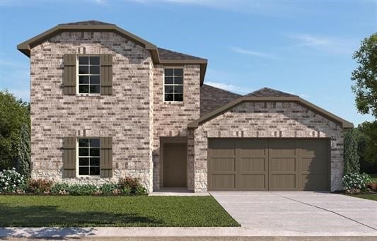 view of front of house featuring a front yard, concrete driveway, brick siding, and an attached garage