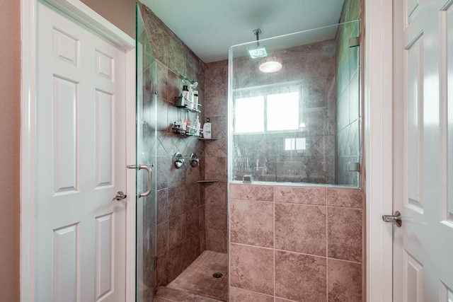 bathroom featuring a shower with shower door