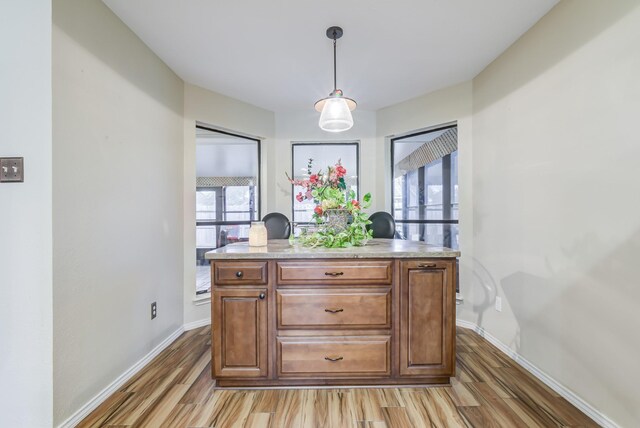 kitchen with hardwood / wood-style floors and decorative light fixtures