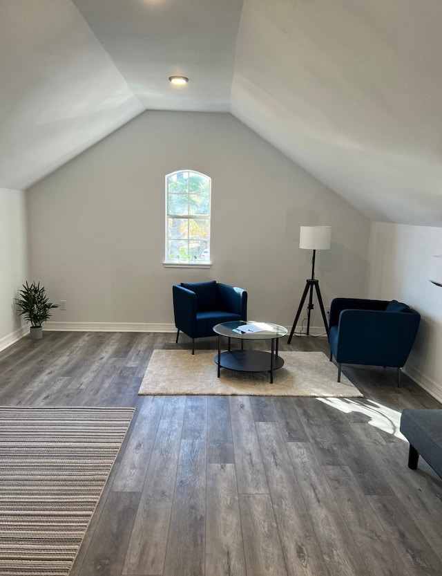 living area with hardwood / wood-style flooring and lofted ceiling