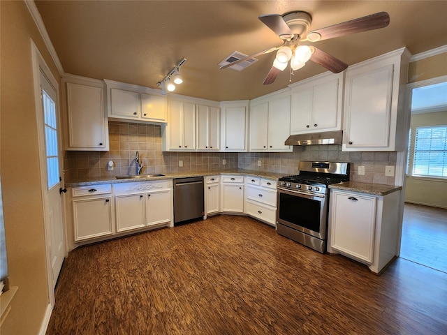 kitchen featuring stainless steel appliances, light stone countertops, ceiling fan, sink, and white cabinetry