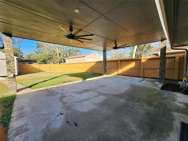 view of patio featuring ceiling fan